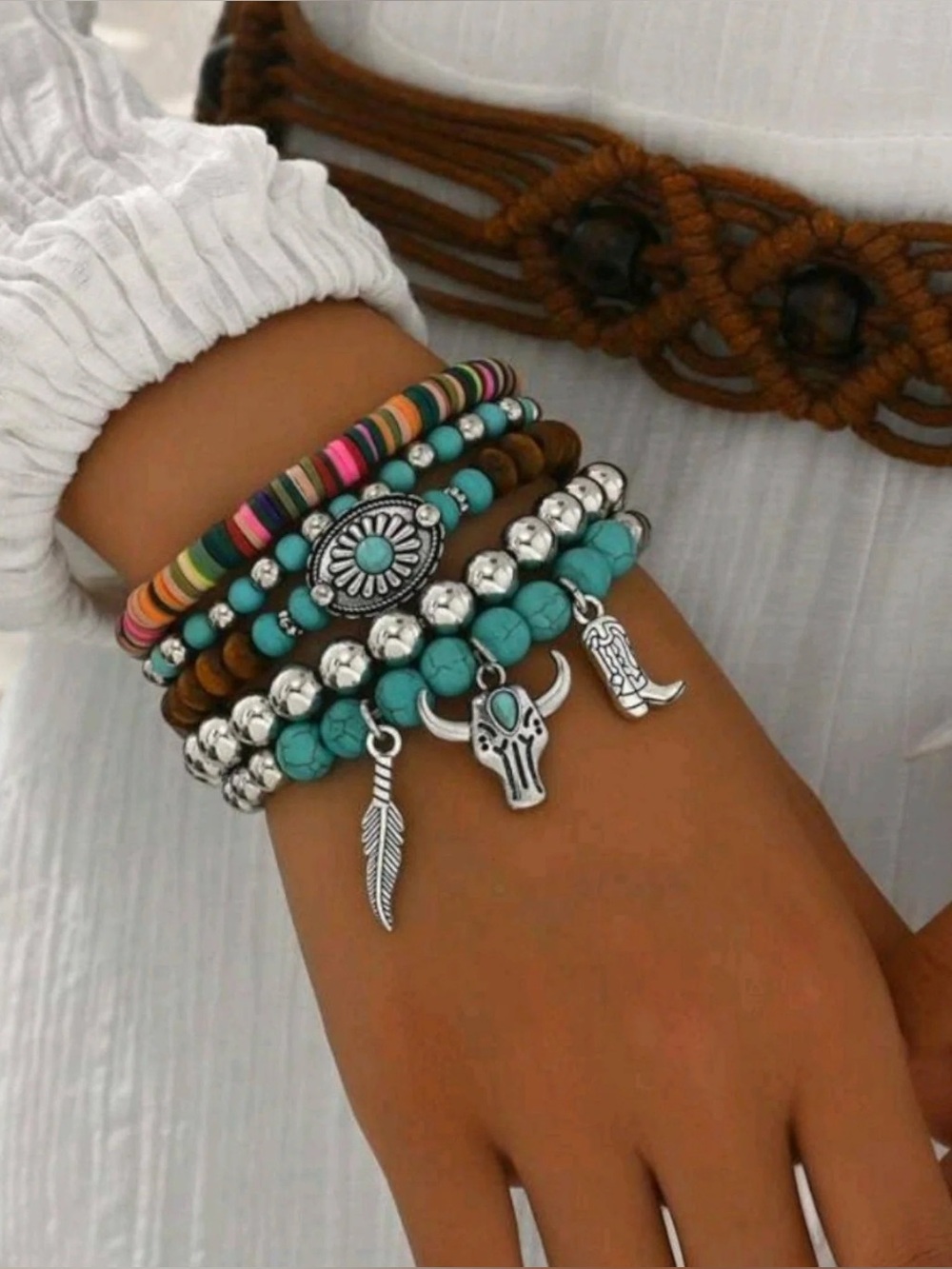 Fashion Jewelry Turquoise, Silver & Brown Layered Bracelet Set
